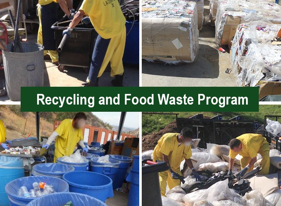 Inmates recycling and waste program. Inmates working sorting steel and recyclables into bins.