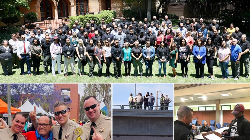 collage of images: Portrait of entire M.E.T team. Image of team celebrating with Special Olympics gold medal winner. Image of MET team leading a person away from a bridge edge. MET team training with a person with Autism.