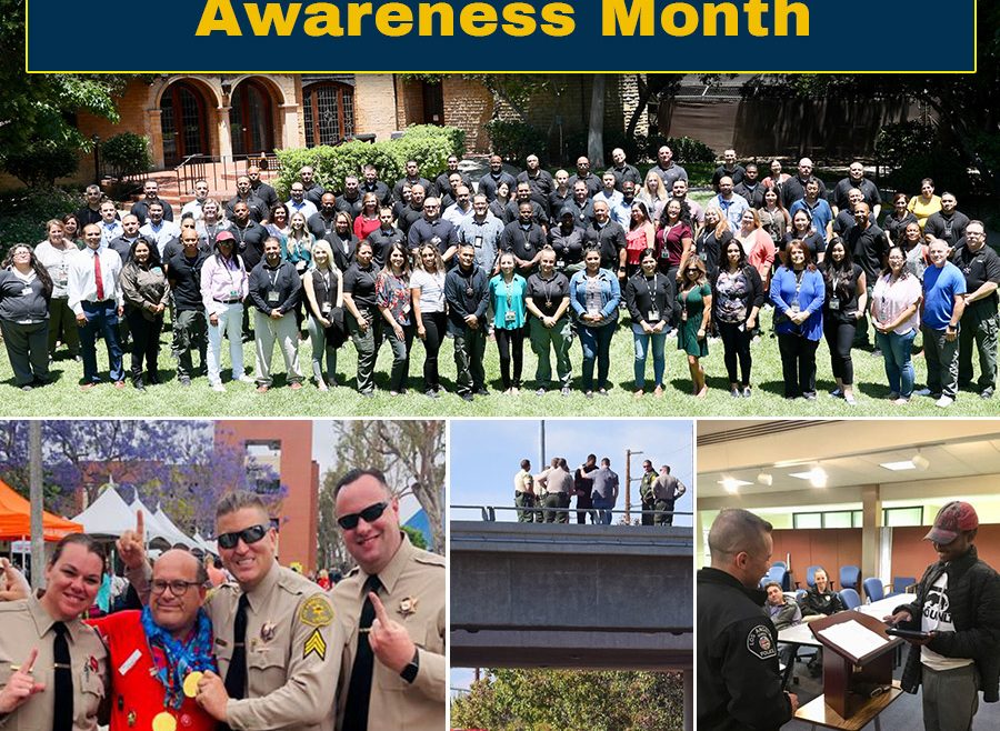 collage of images: Portrait of entire M.E.T team. Image of team celebrating with Special Olympics gold medal winner. Image of MET team leading a person away from a bridge edge. MET team training with a person with Autism.